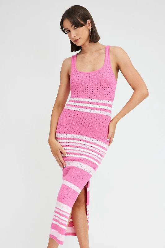 Pink Stripe Knit Dress Sleeveless Midi