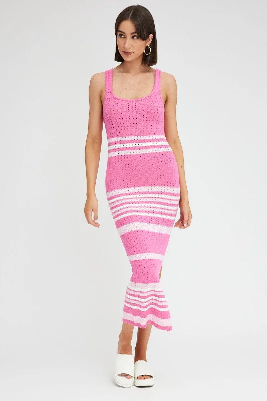 Pink Stripe Knit Dress Sleeveless Midi