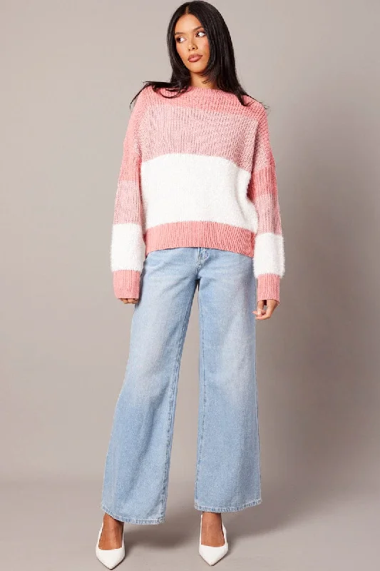 Pink Stripe Knit Top Long Sleeve Color Block