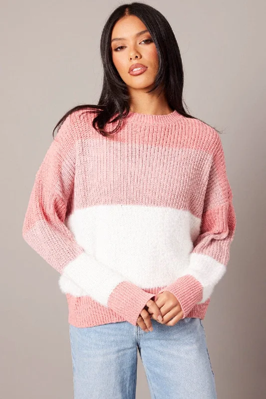 Pink Stripe Knit Top Long Sleeve Color Block