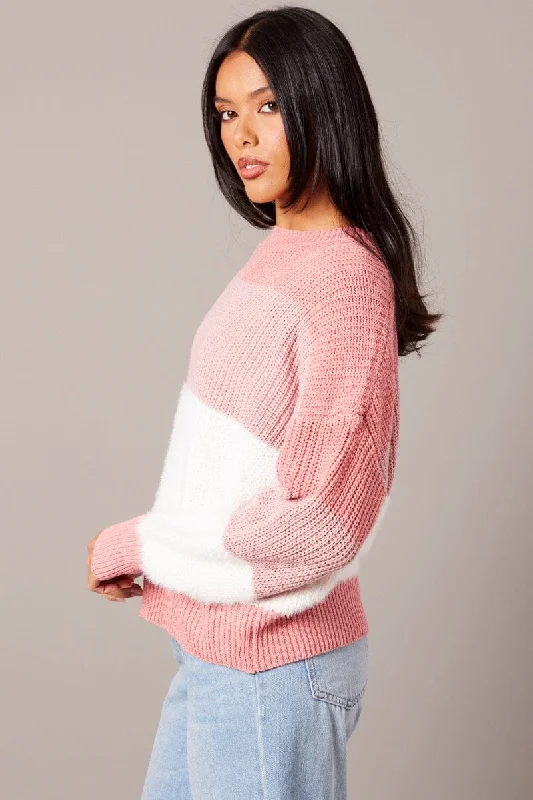 Pink Stripe Knit Top Long Sleeve Color Block