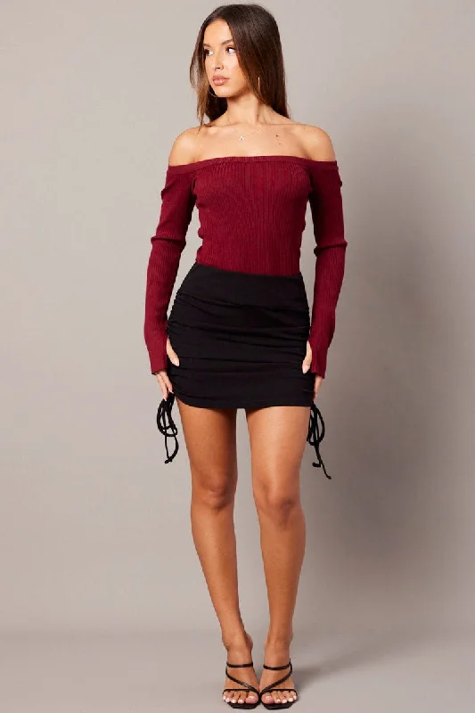 Red Knit Top Long Sleeve Off Shoulder