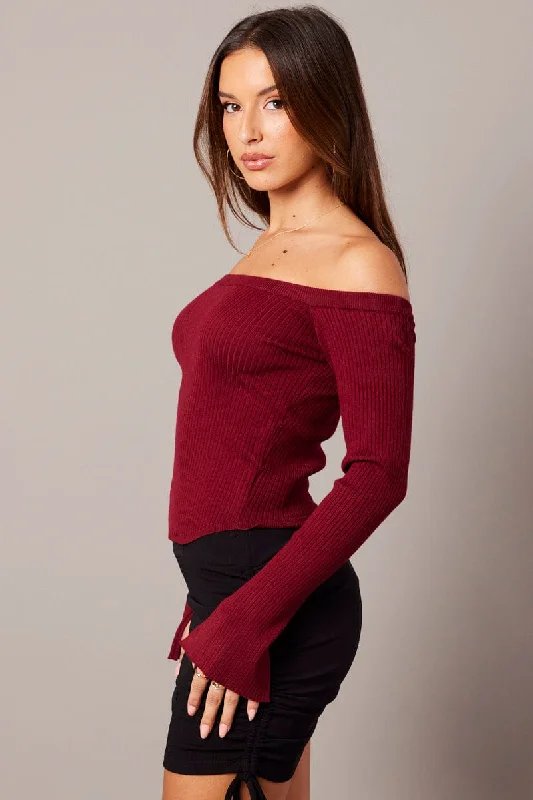 Red Knit Top Long Sleeve Off Shoulder