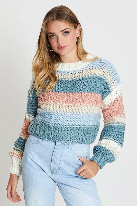 Stripe Knit Top Long Sleeve Round Neck