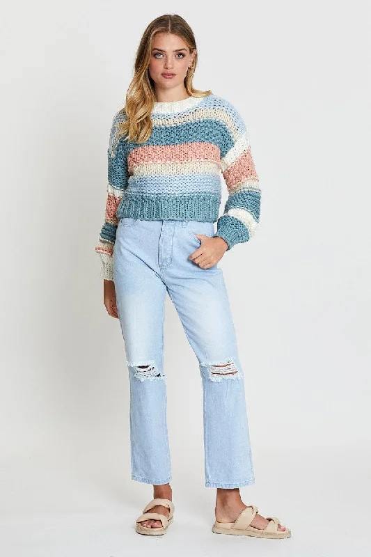 Stripe Knit Top Long Sleeve Round Neck