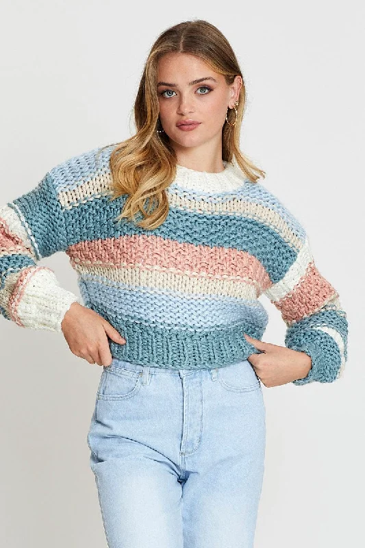 Stripe Knit Top Long Sleeve Round Neck