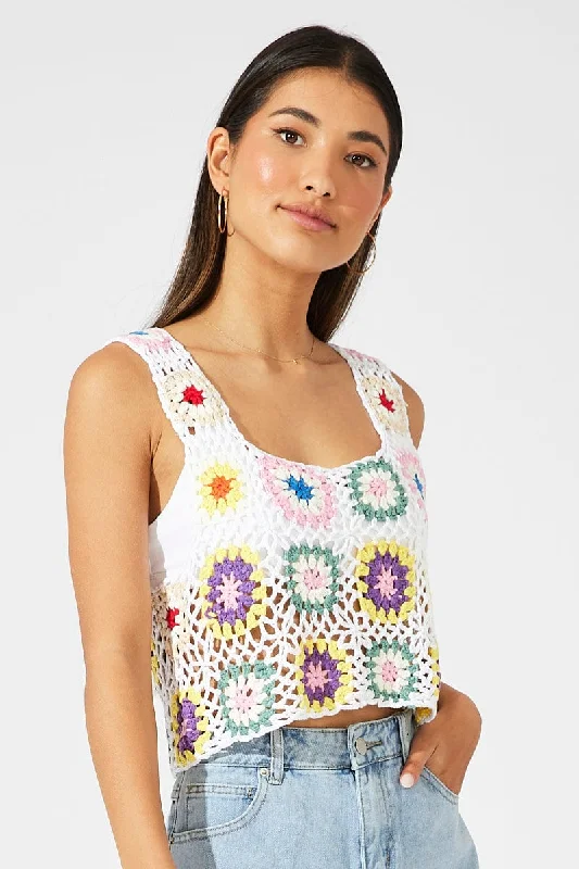 White Floral Crochet Top Crop Square Neck