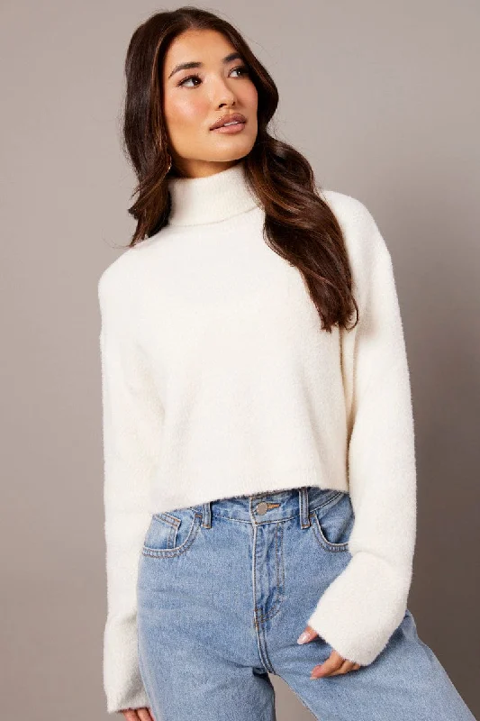 White Knit Top Long Sleeve High Neck Fluffy