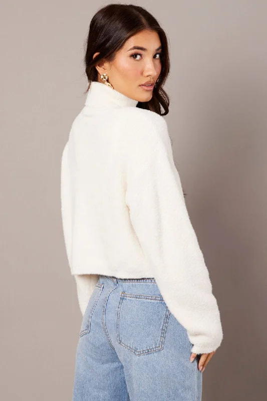 White Knit Top Long Sleeve High Neck Fluffy