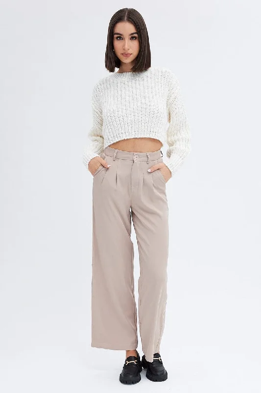 White Knit Top Round Neck Long Sleeve Crop