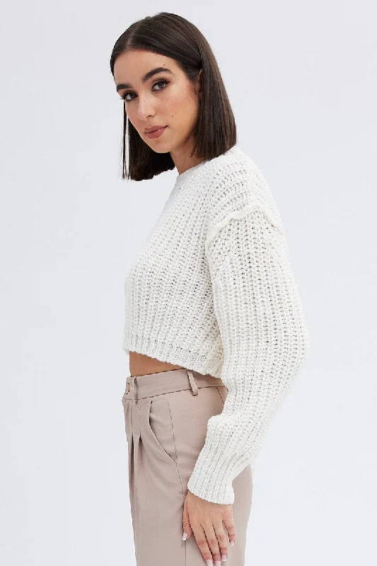 White Knit Top Round Neck Long Sleeve Crop