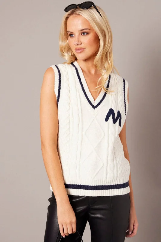 White Knit Vest Sleeveless V Neck Cable