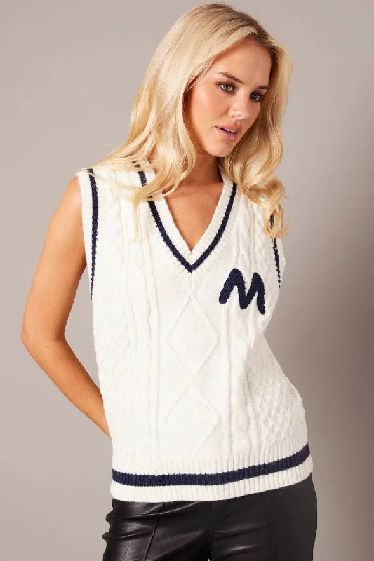 White Knit Vest Sleeveless V Neck Cable