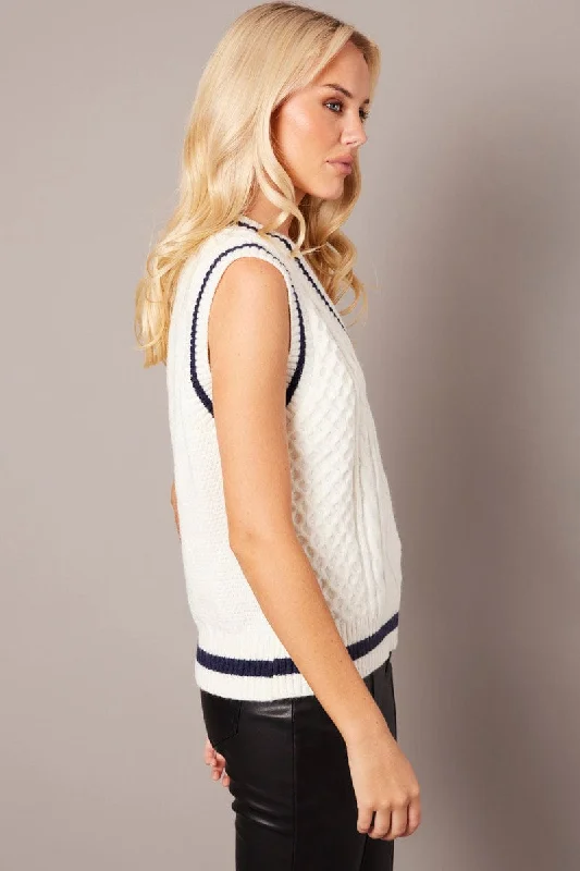 White Knit Vest Sleeveless V Neck Cable