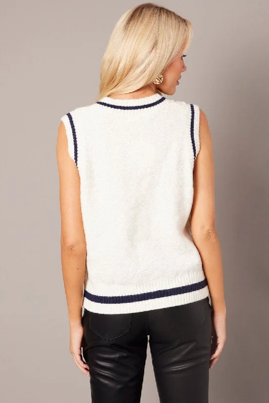 White Knit Vest Sleeveless V Neck Cable