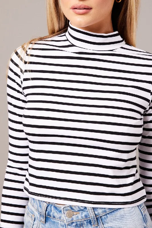 White Stripe Top Long Sleeve High Neck