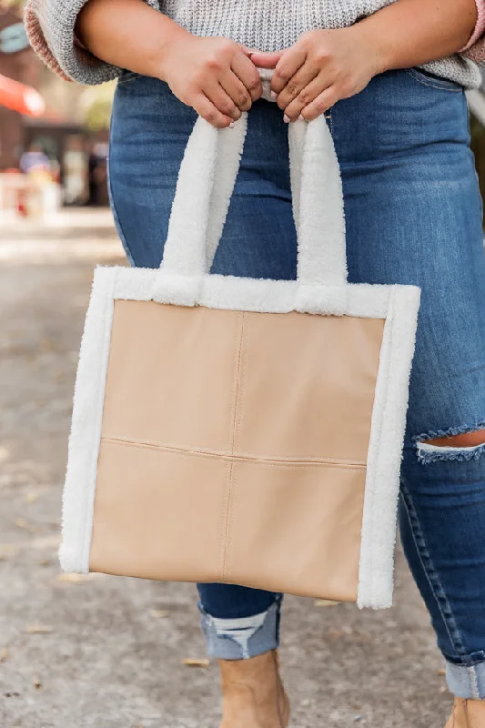 On Your Own Taupe Leather And Sherpa Trim Tote FINAL SALE